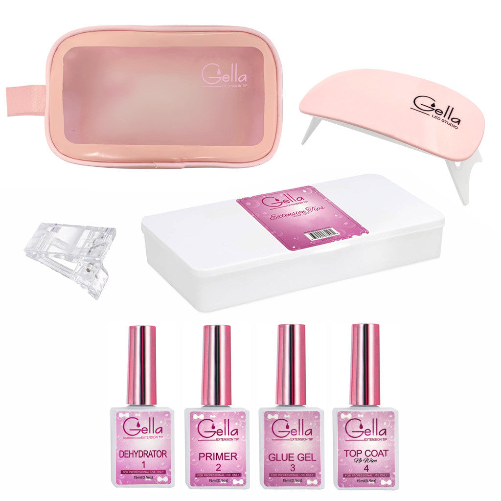 Gella Extension Tip Kit + Studio Lamp Long Square Diamond Nail Supplies
