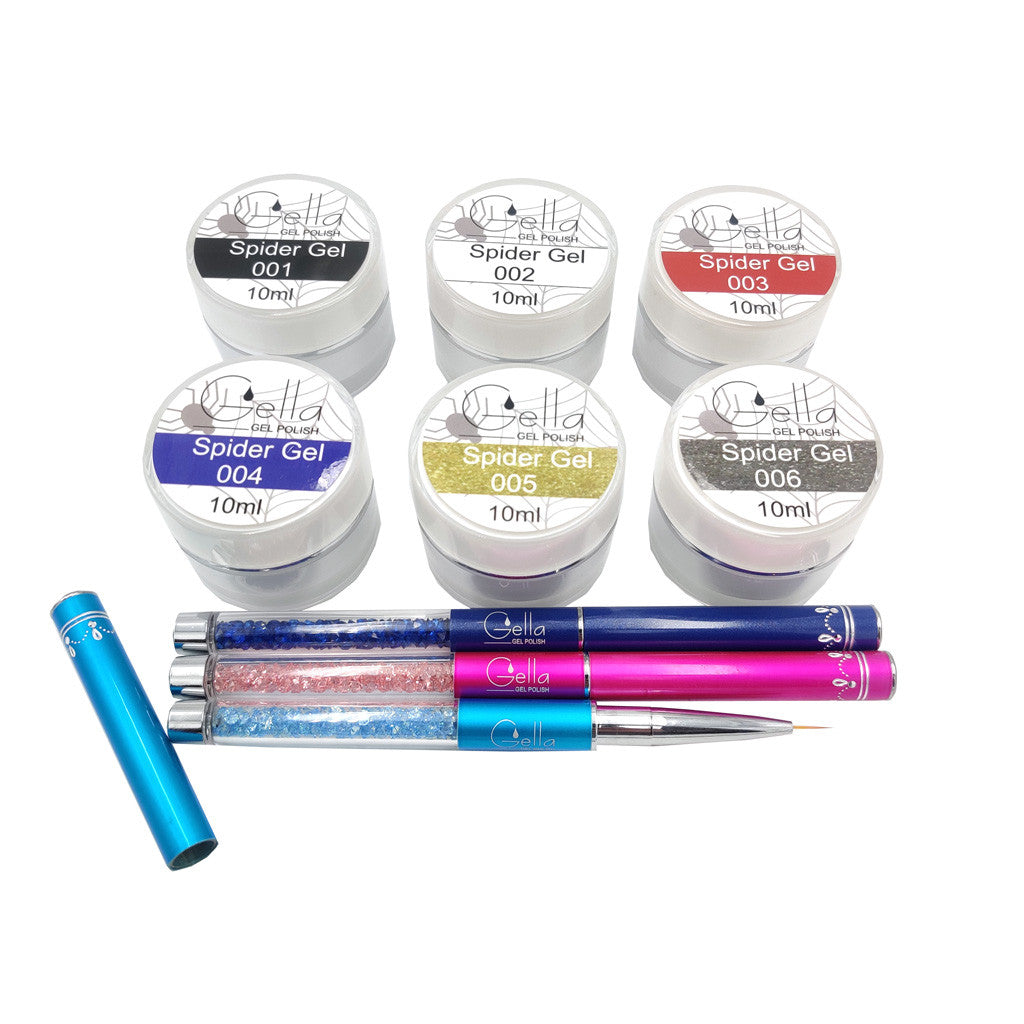 Spider Gel Kit 6 Gels + 3 Brushes Diamond Nail Supplies