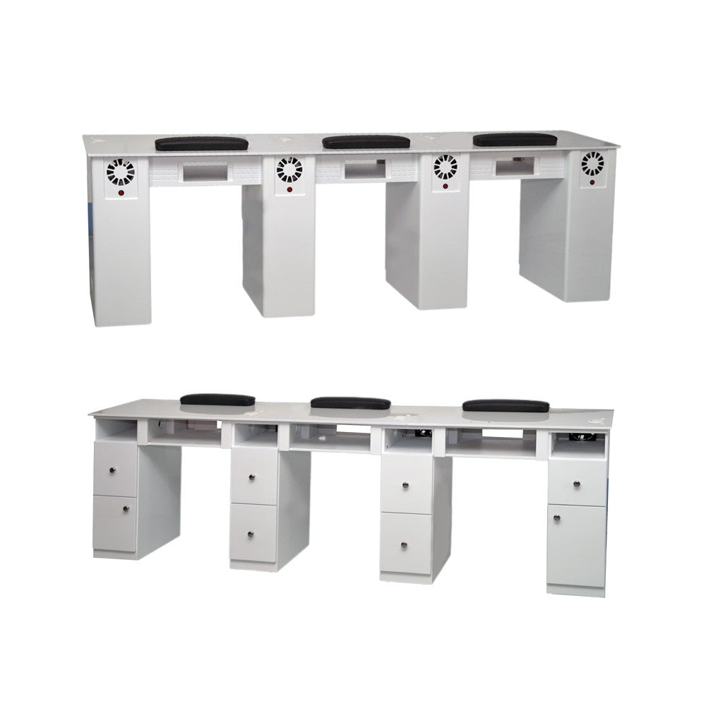 Nail Table White Triple - G3BLU with Nail Fans Diamond Nail Supplies