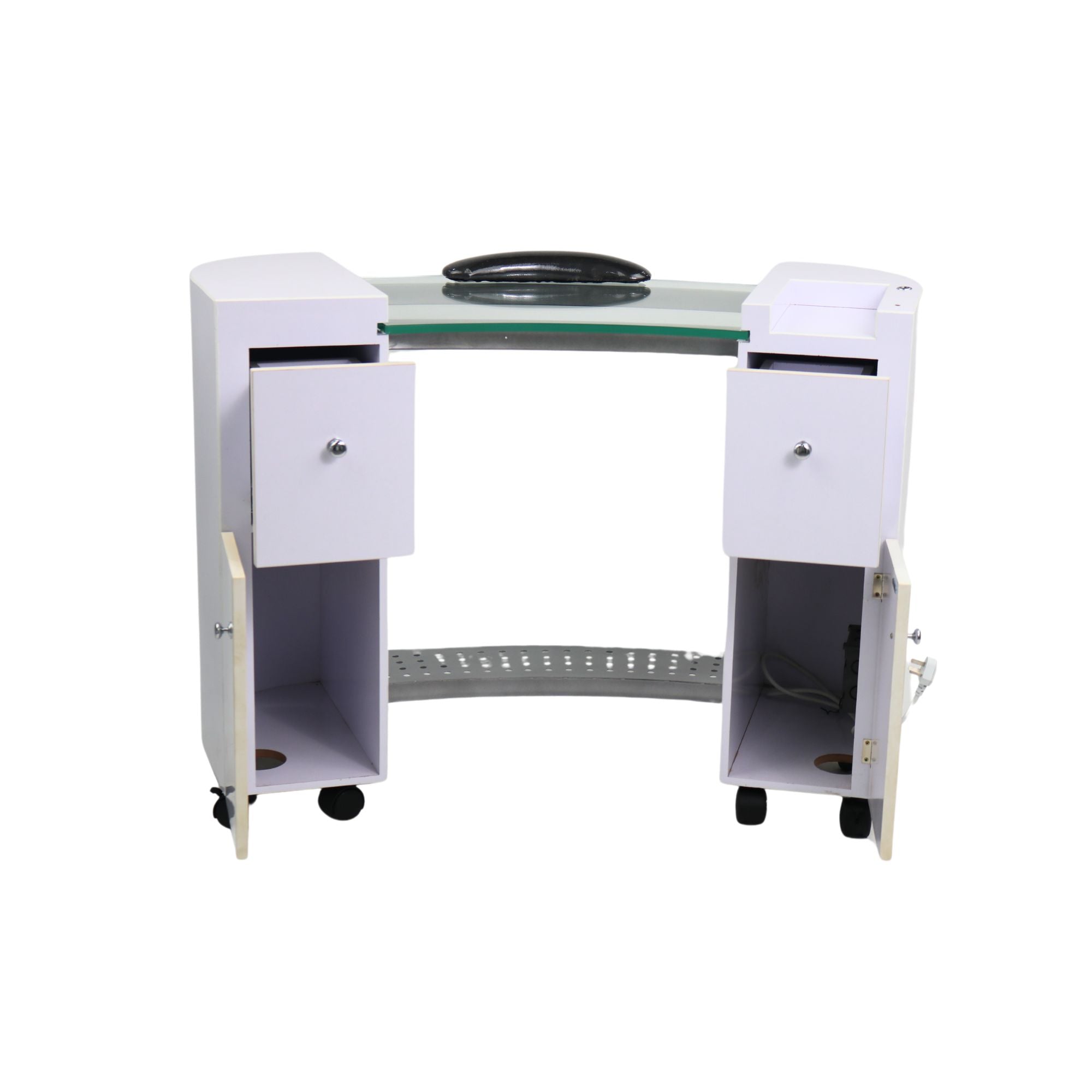 Bella Table 14 - Curved White Legs, Glass Center