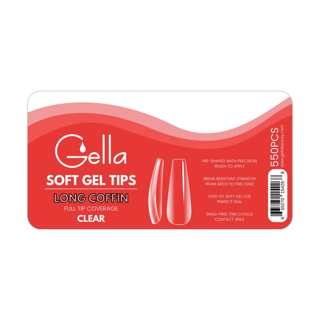 Gella - Soft Gel Full Cover Tips - Long Coffin Clear Diamond Nail Supplies