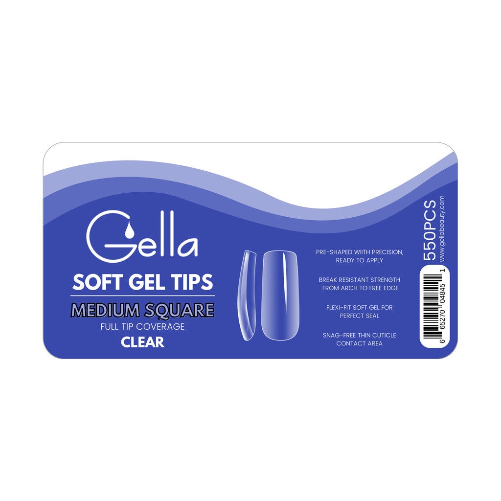 Gella Soft Gel Full Cover Tips - Medium Square Clear Diamond Nail Supplies