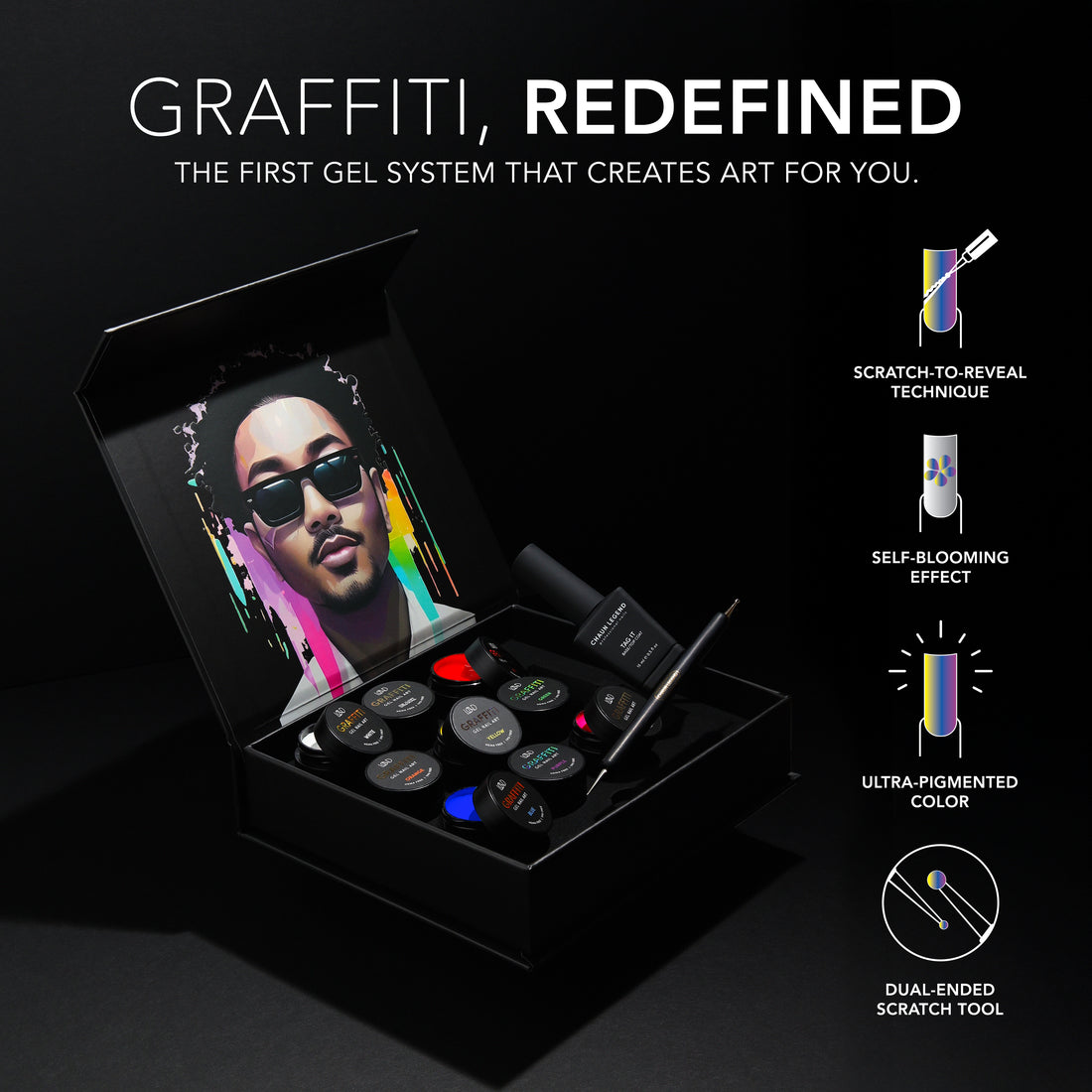 Chaun Legend Graffiti Collection kit. Professional gel polish, 15 ml (0.5 fl oz), features Graffiti Pod White
Graffiti Pod Black
Graffiti Pod Red
Graffiti Pod Orange
Graffiti Pod Yellow
Graffiti Pod Green
Graffiti Pod Blue
Graffiti Pod Purple
Graffiti Pod Pink
Graffiti Tag It Gel
Dual-Ended Scratch Tool