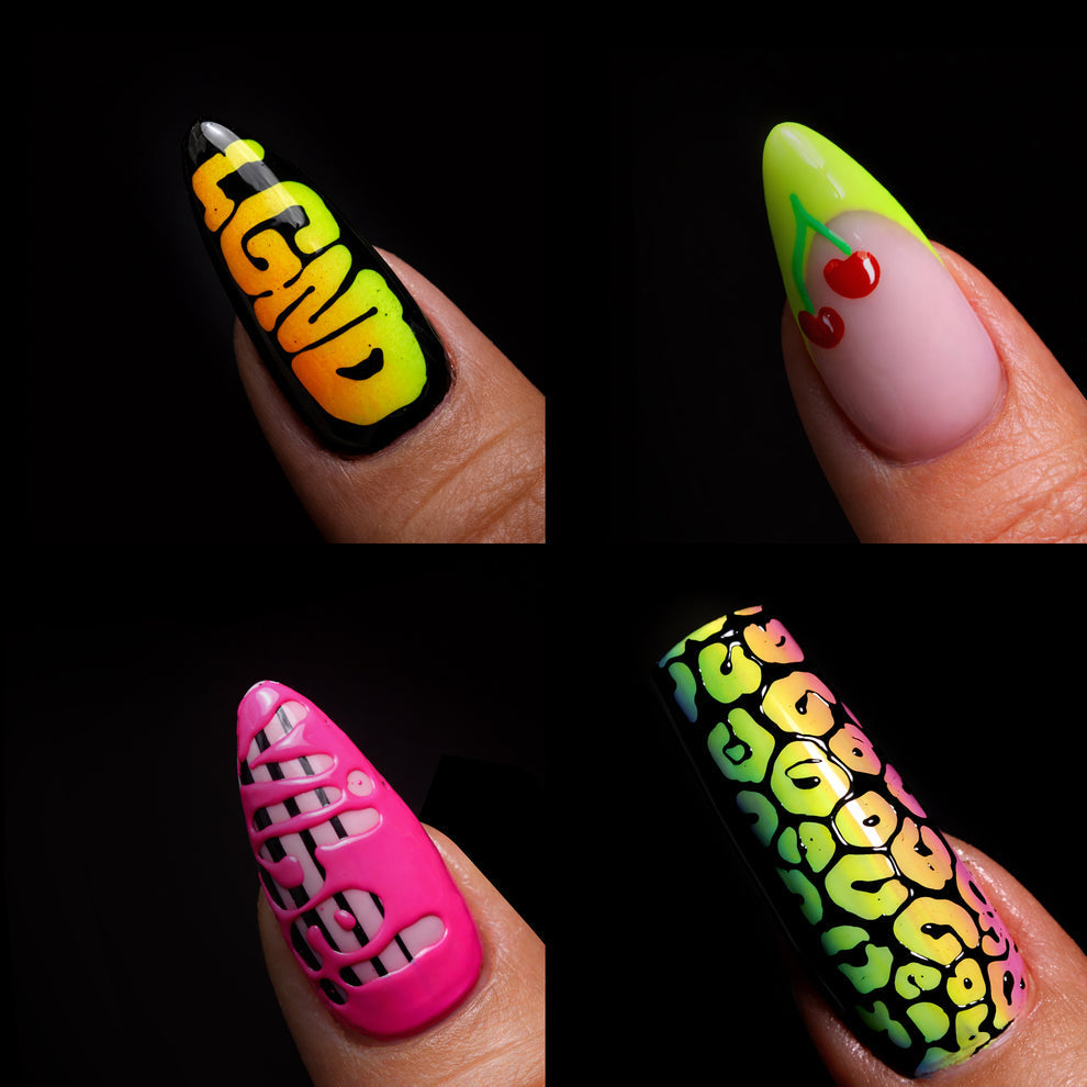 Swatch for Chaun Legend Graffiti Collection kit. Professional gel polish, 15 ml (0.5 fl oz), features Graffiti Pod White
Graffiti Pod Black
Graffiti Pod Red
Graffiti Pod Orange
Graffiti Pod Yellow
Graffiti Pod Green
Graffiti Pod Blue
Graffiti Pod Purple
Graffiti Pod Pink
Graffiti Tag It Gel
Dual-Ended Scratch Tool