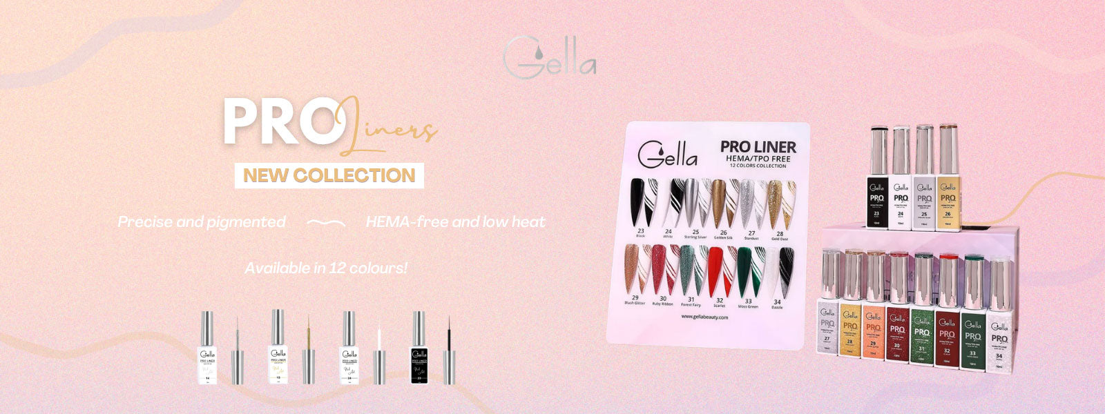 Gella Pro Gel Liners arranged on a pink background.